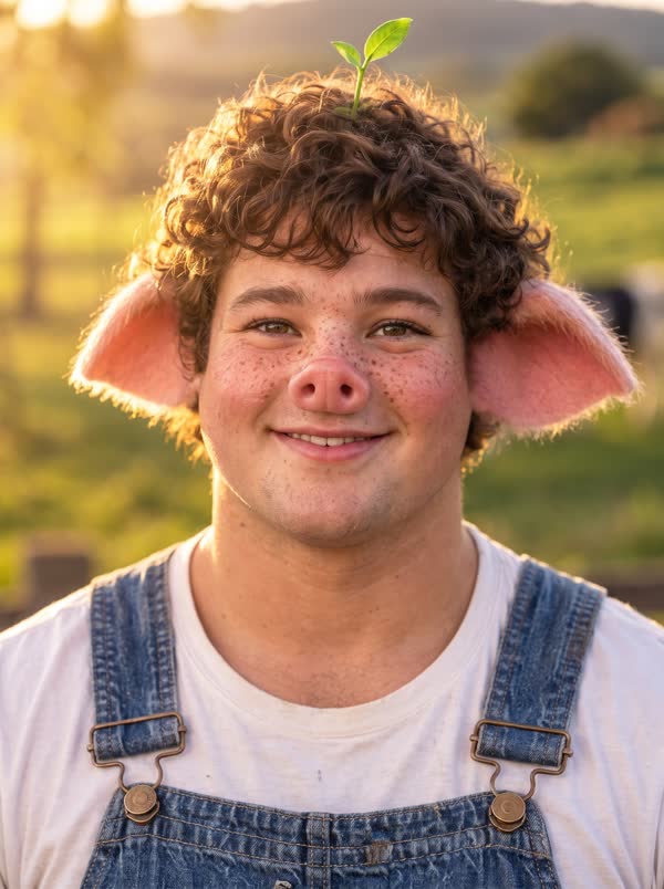 Portrait of Baby: freckled face, pig snout and ears, a green sprout on his head
